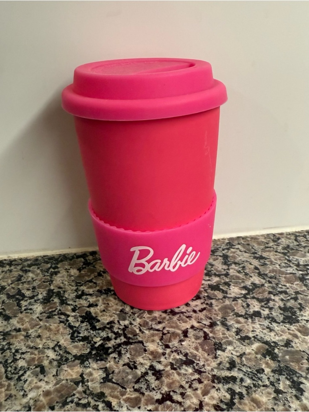 NWT Barbie Bright Pink Reusable Coffee Cup with Silicone Sleeve and Silicone Lid